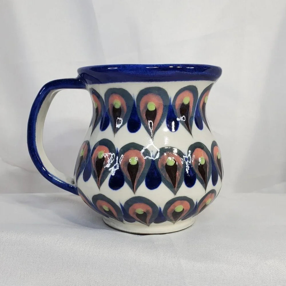 Ken Edwards Guate Mayan Pottery Coffee Tea Cup Mug Peacock Teardrop Pattern